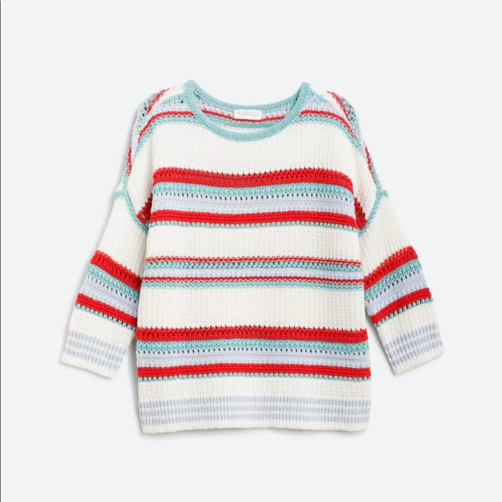 🌻Magnolia Grace Textured Open Stitch Dolman Pullover- teal green, white, red